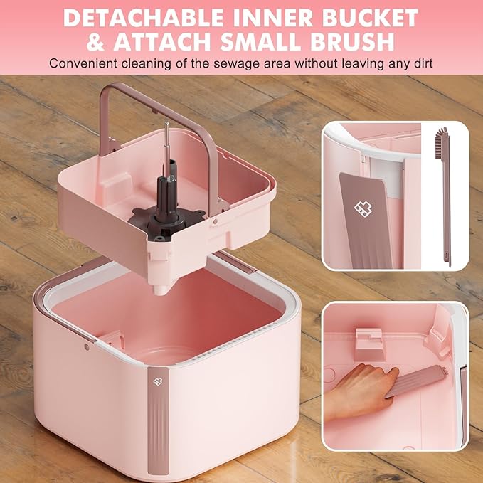 KZKR Square Spin Mop and Bucket Set with Self Separation Dirty and Clean Water System,Self Wringing 360° Rotating Mops Head for Home Floors Cleaning (2.0 mop Bucket Set with 2 Pads)