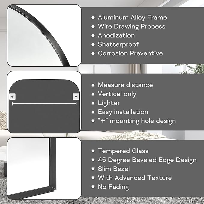 Modern Large Wall Mirror, Modern Mantel Minimalist Home Decor, Brushed Black Metal Framed Arched Mirror for Living Room, Bedroom, Fireplace, Mantle, Entryway, Bathroom, 40" x 30", Black