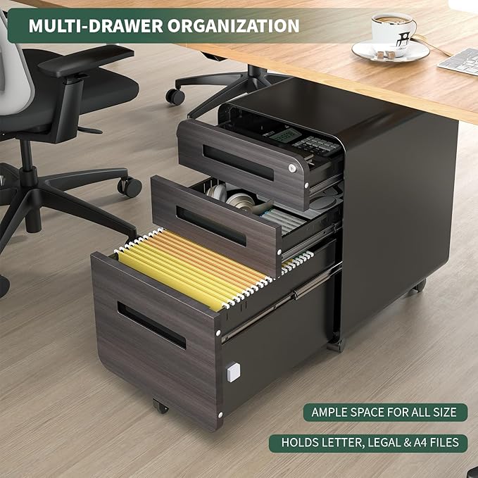 3 Drawer Mobile File Cabinet Under Desk with Lock,Metal Small Rolling Filing Cabinet Storage for Home Office,Steel Cabinets on Wheels, Fully Assembled, Gray Wood Grain