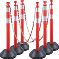 6 Pack 40" inch Work Zone Chain Post Set, Traffic Delineator Post Cones with Reflective Tapes, 6 x 6.6' Feet Plastic Chains, Portable Crowd Control Stanchion Set (Red-Water Filled Base)