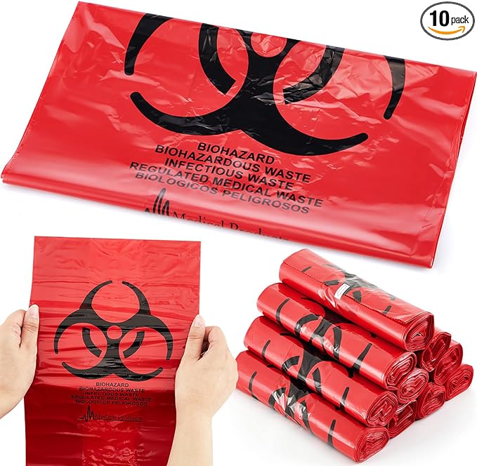 Geiserailie 200 Pcs 10 Roll 14.5" x 19" Biohazard Waste Bags 3 Gallon Infectious Red Trash Liner No Leak Hazardous Waste Containers with Hazard Symbol for Medical Waste Disposal Safe Hospital Supplies