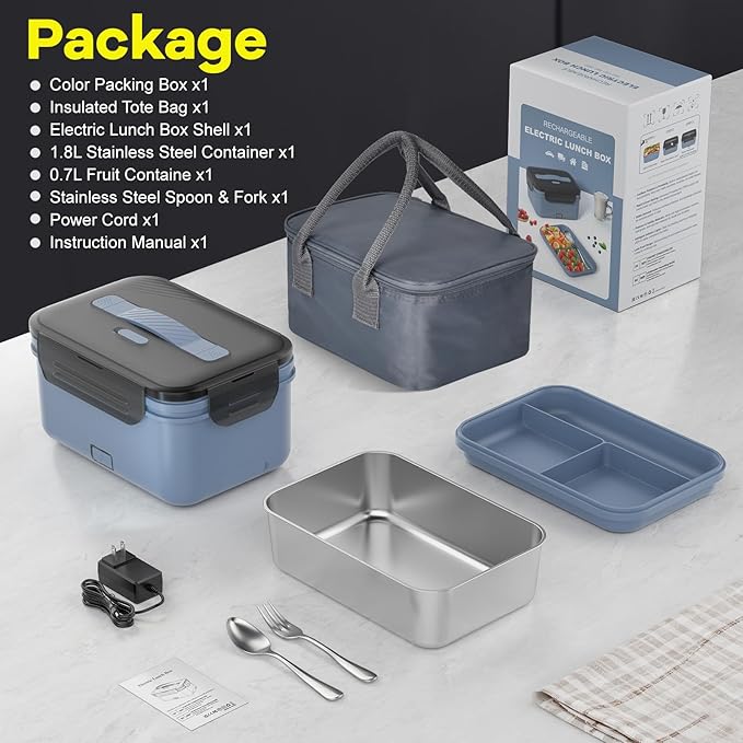 Monteka Cordless Electric Lunch Box for Adults, 1.8L Rechargeable Portable Food Warmer Heated Lunch Box, Christmas White Elephant Gifts, Suitable for Office, Picnic, Car, Construction Site