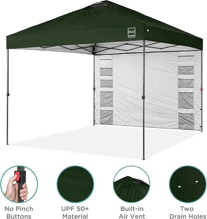 Best Choice Products 10x10ft Easy Pop Up Canopy w/Side Wall, 10 Pockets, Portable Carrying Case, 1-Button Setup, 4 Weight Bags - Dark Green