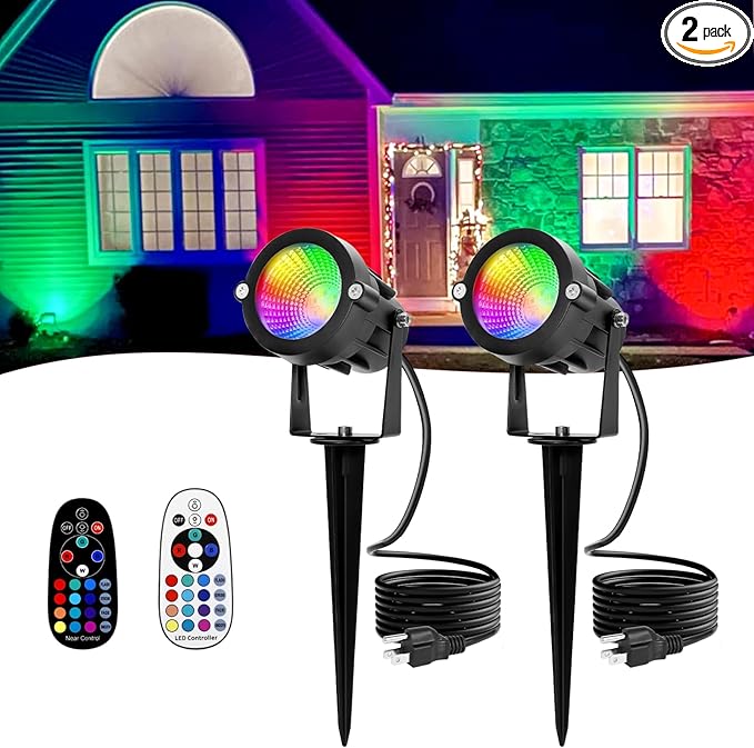RGBW Christmas Spotlight Outdoor: 16 Color Changing Landscape Lighting with Remotes 120V Plug in Waterproof Holiday LED Spot Light for Yard Garden Tree Path House Décor, 2 Pack (RGB + Warm Light)