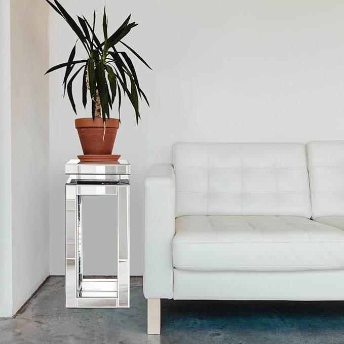 Howard Elliott Small Silver Mirrored Pedestal Accent Table for Home Decoration, Mirrored Finish Design End Table for Bedroom, Entryway or for Any Room, 12 x 12 x 28 Inches