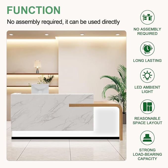 Modern Reception Desk with Counter Front Reception Table with Hidden LED Lighting Commercial Receptionist Desk White and Wood Checkout Counter Fully Assembled and Ready to Use 102inch/260cm