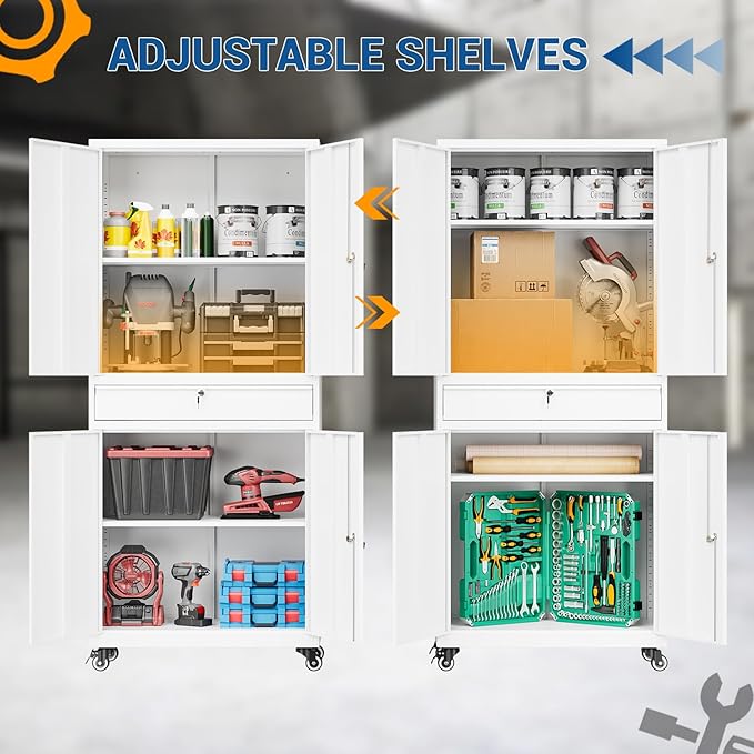 73" Metal Cabinet-White Heavy Duty Rolling Storage Cabinet Steel Tool Cabinets with Wheels, Shelves, Lockable Doors and Drawers- for Garage, Pantry, Warehouse Home Office- Assembly Required
