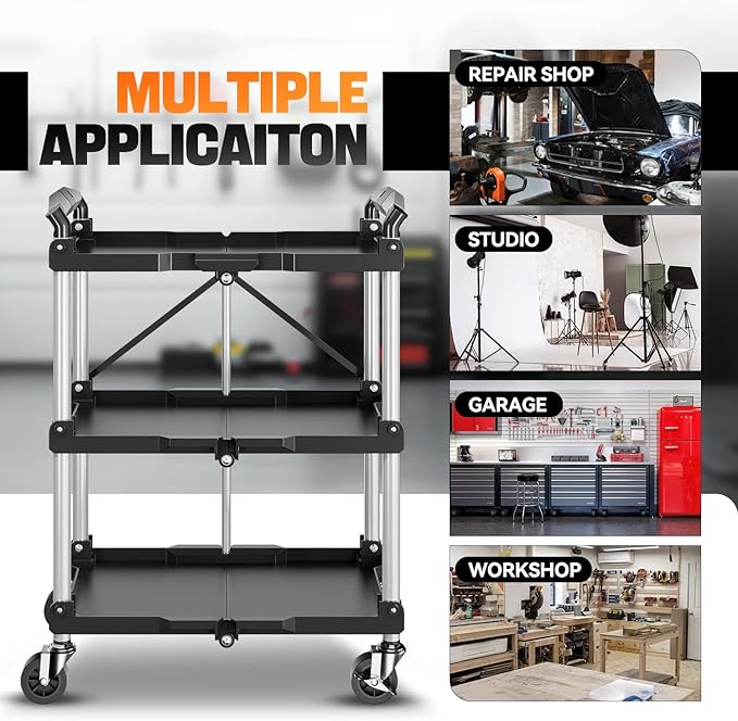 Auto Dynasty 3-Tier Folding Utility Cart with Wheels Lockable, 265LB Heavy Duty Collapsible Service Cart Foldable Rolling Carts for Home, Garage, Warehouses, Restaurants, Workshops