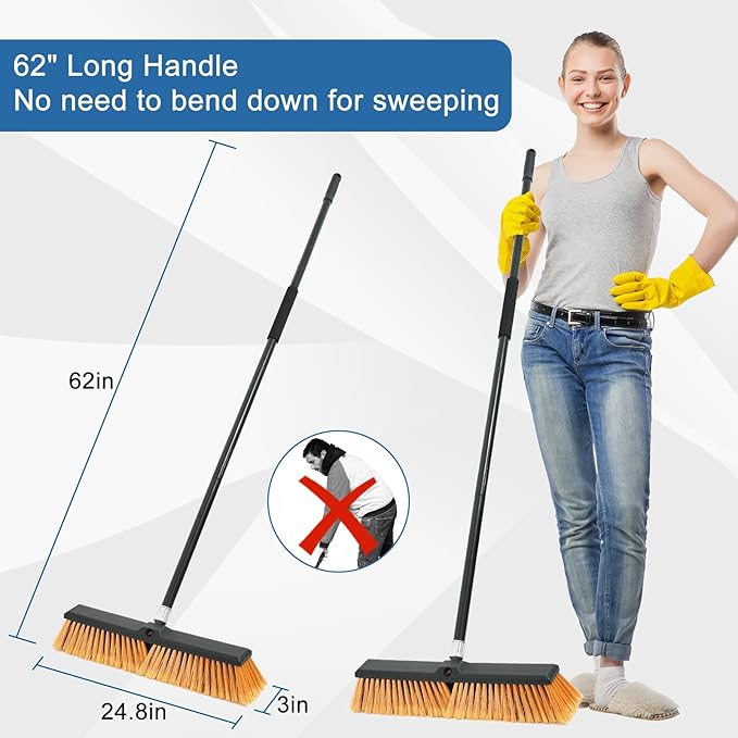 PBHEPJ 24 Inchs Push Broom Outdoor Heavy Duty, Shop Broom with 60" Long Bandle for Cleaning Outdoor or Indoor Tile, Garage, Shop, Deck, Concrete, Wood, Stone, Patio Floor, 2 Pack