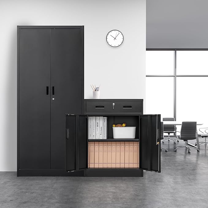 Metal Storage Cabinet, Locking Cabinet with One Drawer and Adjustable Shelf, 36" H x 28" W x 16" D Steel Storage Cabinet for Office, Garage, Home-Black