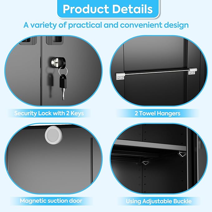 Garage Storage Cabinet with Wheels and 5 Pegboard, Metal Storage Cabinets with 2 Doors and 4 Shelves, Broom Closet Storage Cabinet with Hanging Rod and 13 Hooks, 70.87" Hx33.5 Wx17.7 D, Black