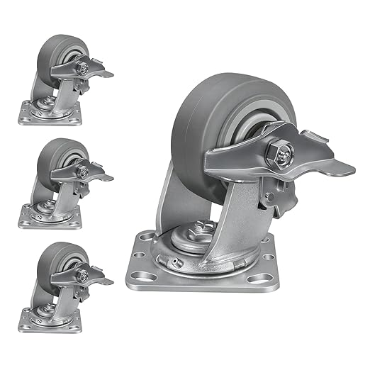 4'' × 2'' Caster Wheels, Heavy Duty Industrial Casters Set of 4 Rubber Wheels, Load 2400lbs Capacity, Swivel Caster for Cart Dolly Toolbox Trolley (4 Brake)