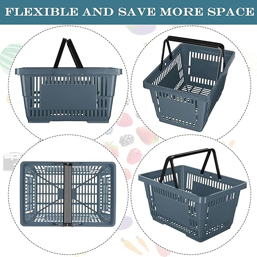 20 Pcs Bulk Shopping Baskets with Handles, 20 L Plastic Grocery Basket 16.9'' x 11.8'' x 9.1'' Portable Shopping Cart for Retail Stores Supermarket(Dark Gray)