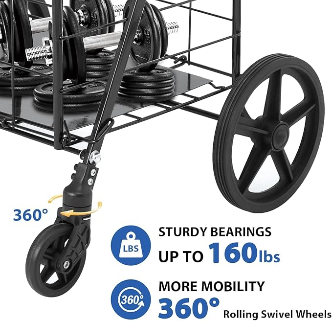 Siffler 33.6Gal Grocery Cart on Wheels, Foldable Utility Heavy Duty Shopping Carts with Double Basket Large Capacity and 360° Rolling Swivel Wheels for Groceries Laundry Transport (Black, Large)