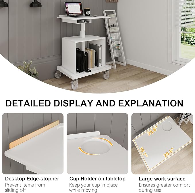Natwind Mobile Workstation, Rolling Laptop Cart with Large Surface & Pneumatic Height Adjustable Design, for Medical Hospital Clinics, Office Presentation, Teachers Podium, with Drawer & Open Cabinet