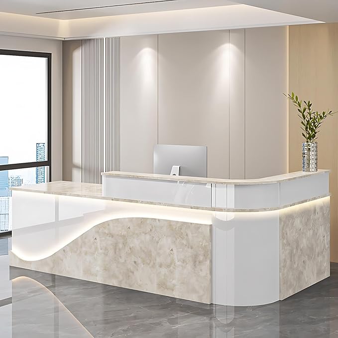 Modern Reception Desk – Front Desk, Reception Counter for Office, Checkout Counter, LED Lighting, Storage, Soft Close Drawers, Custom Logo, Fully Assembled (H,48IN)