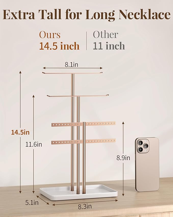 pickpiff Rose Gold Jewelry Stand Holder Organizer: 14.5" Sturdy Hanger for 80 Pcs Jewelry, Jewlery Tower for Display Necklace, Earring, Bracelet, Watch