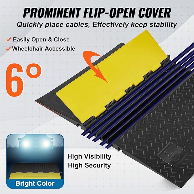 VEVOR 5 Channel Rubber Cable Protector Ramp, Heavy Duty 22000 lbs/axle Capacity Wire Hose Cord Cover Ramp, ADA Compliant Driveway Road Hump, Traffic Speed Bump w/Flip-Open Top Cover