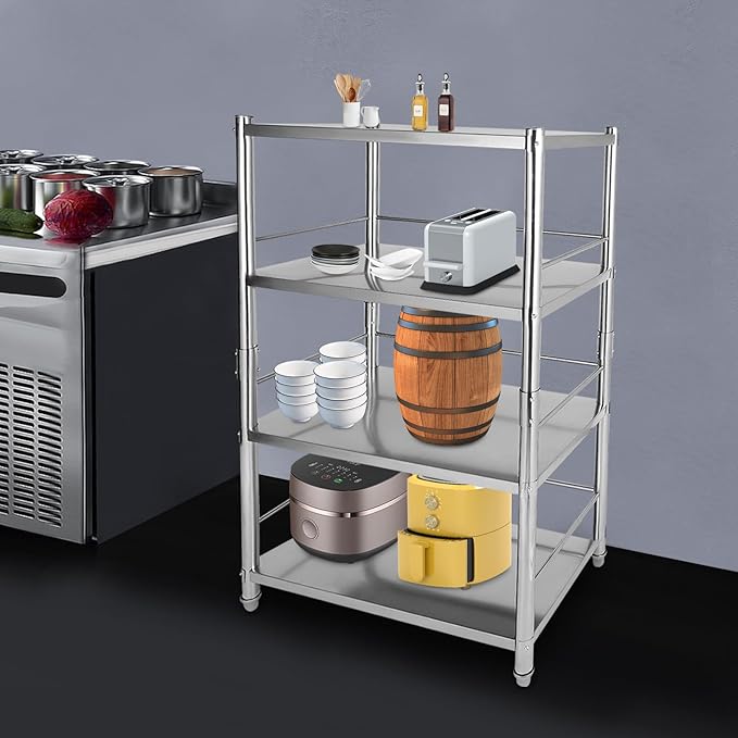 Stainless Steel Shelving, 31.5"x15.8" 4 Tier Adjustable Shelf Storage Organizer, 200lbs/Layer Heavy Duty Commercial Office Garage Storage Unit, Standing Shelf Shelving for Store & Display Good