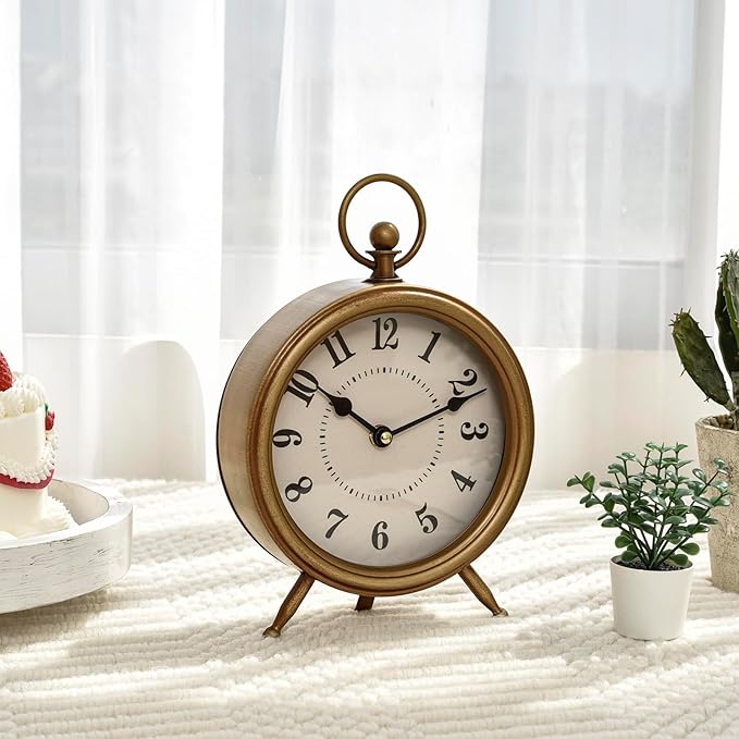 Vintage Table Clock on Stand, Decorative Desk and Shelf Clock Farmhouse Mantel Non-Ticking Clock Rustic Metal Frame with Antique Gold Finish