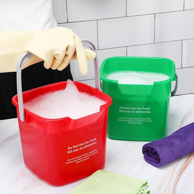 Yaomiao 4 Pcs Cleaning Bucket 3 Quart Small Sanitizing Square Bucket Detergent Pail with Measurements Spout and Handle for Home Commercial Use Restaurant Kitchen Office (Red,Yellow,Blue,Green)