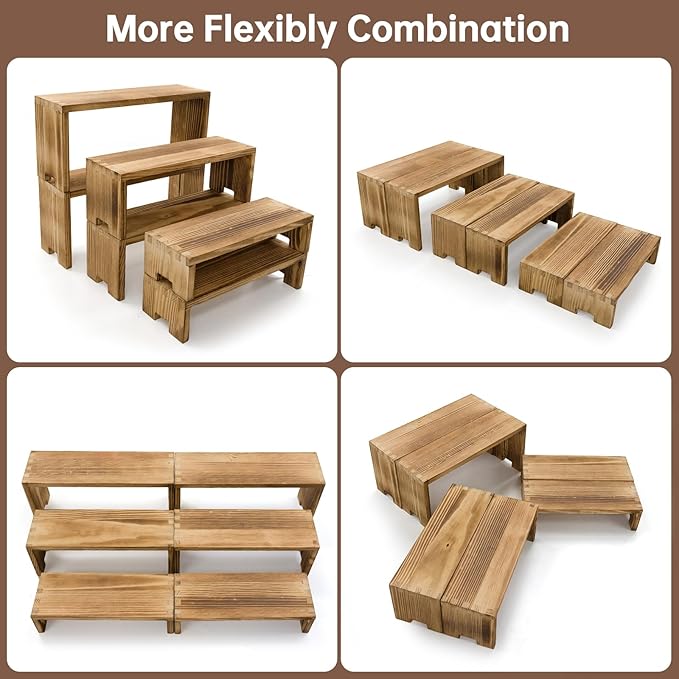 Display Riser Wood Risers Cupcake Stand 3 Tier Racks Decorative Rectangular, 2 Set 6 Piece Cologne Perfume Organizer Dessert for Vendors Event(Nature Wood)