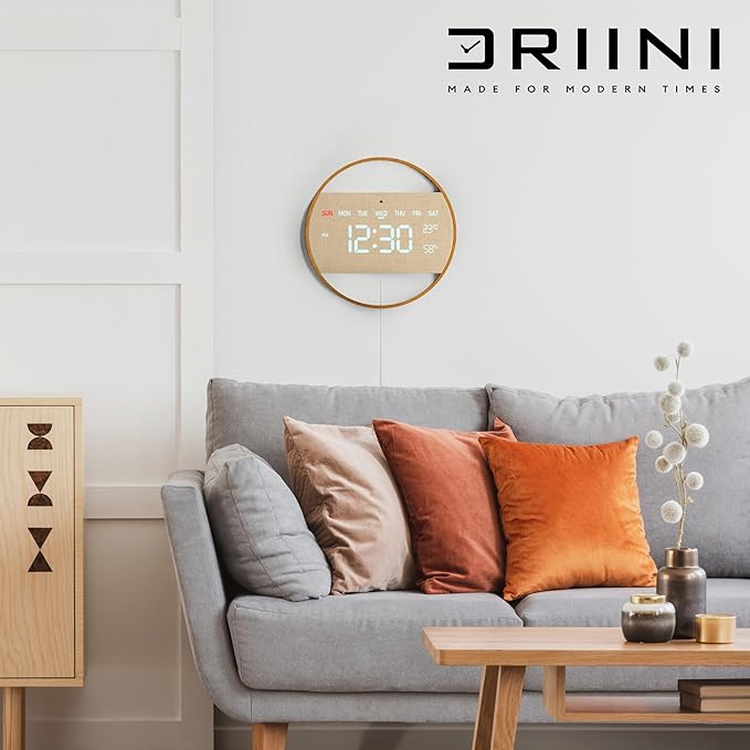 Driini Modern Large Digital Wall Clock - Bamboo Wood with Large LED Display- Day of Week, Time, Temperature, and Humidity - Aesthetic Living Room Clock or Office Wall Clock - Desk or Wall Mount.