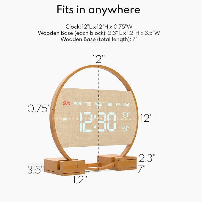 Driini Modern Large Digital Wall Clock - Bamboo Wood with Large LED Display- Day of Week, Time, Temperature, and Humidity - Aesthetic Living Room Clock or Office Wall Clock - Desk or Wall Mount.