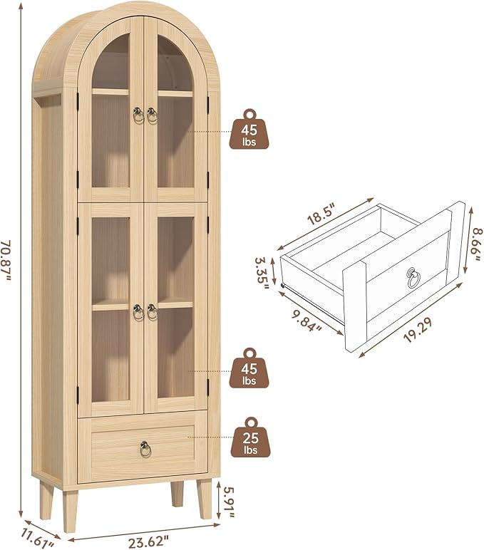 71” Tall Arched Pantry Cabinet with Glass Door, Display Cabinet Organizer with Drawer, Versatile Pantry with Top-Opening Storage Container for Living, Kitchen Dining Room, Natural