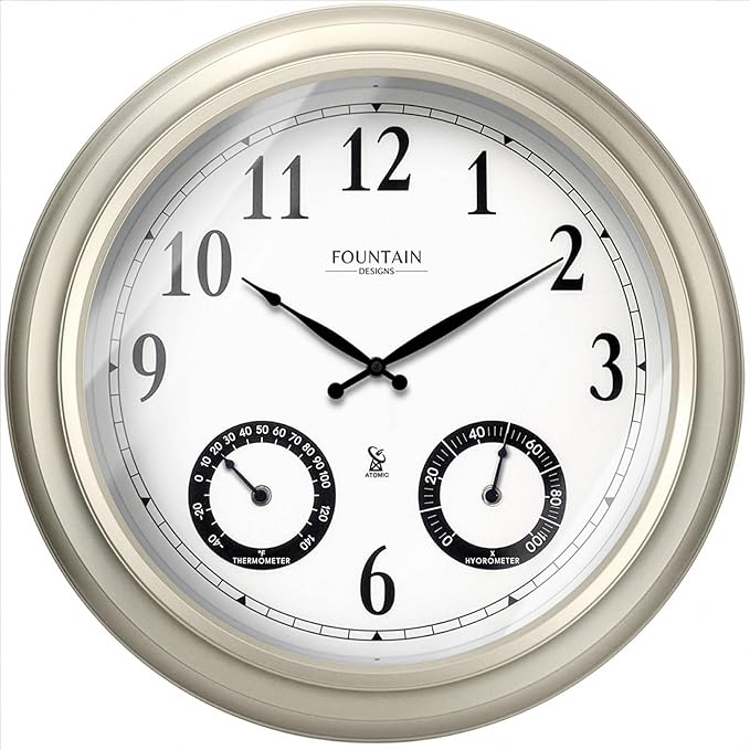 20" Evander Outdoor Atomic Clock with Thermometer & Hygrometer, 3 in 1 Weather Stations, Large Wall Clocks for Living Room Decor,Modern Farmhouse Home Decor (Morning Silver)