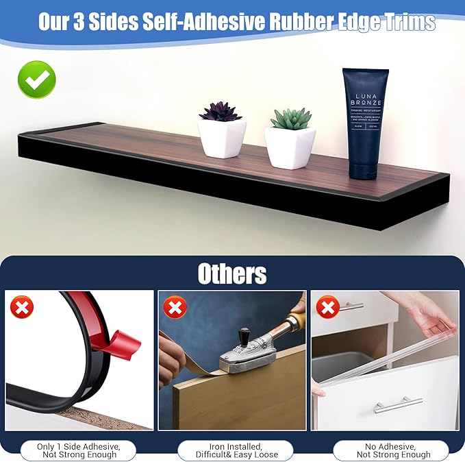 Rubber Edge Trim, Self-Adhesive U Shaped Edge Protector for Plywood, Cabinet, 1-5/8" Wood Edge Banding, Flexible Furniture Repair, EPDM Material, Fit 1-5/8"(41mm), Length 10Ft, Black