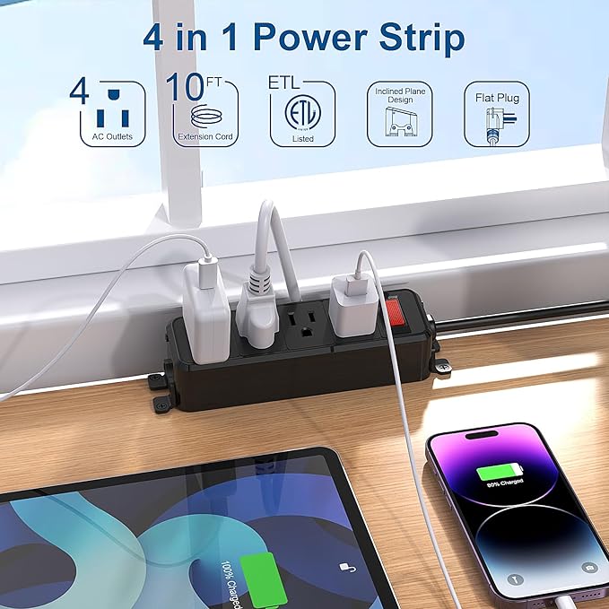 Wall Mount Power Strip,Flat Plug Power Strip with Switch,10ft Extension Cord,4 Outlets, Flexible Installation for Home, Office,and School,ETL Listed,Black (10ft,4 outlets)