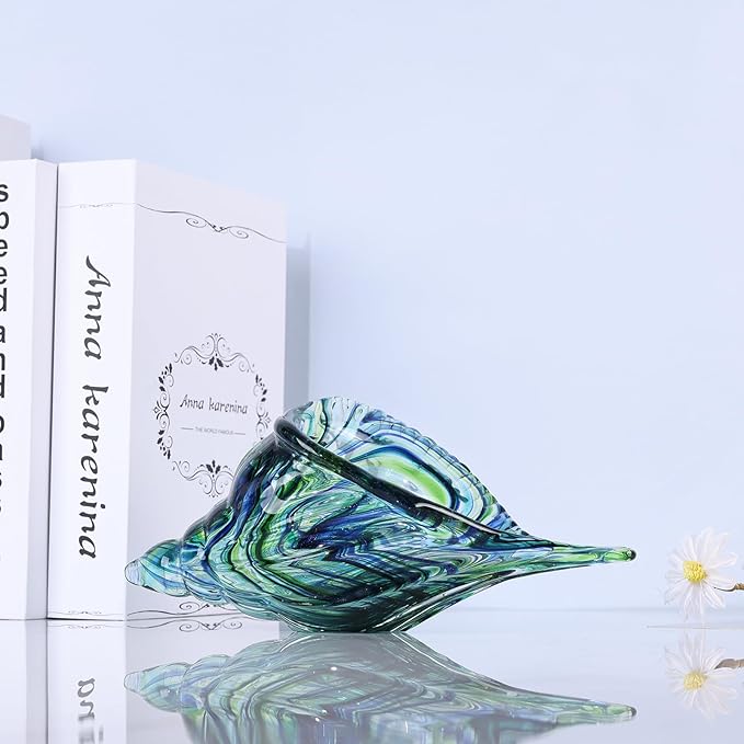 DOVDOV Hand-Blown Glass Conch Sculpture, Green sea Glass Art Shell Statue, Coastal Decor Theme Suitable for Rooms, Living Rooms, Offices, Coffee Tables, TV Stands, and Shelf displays.