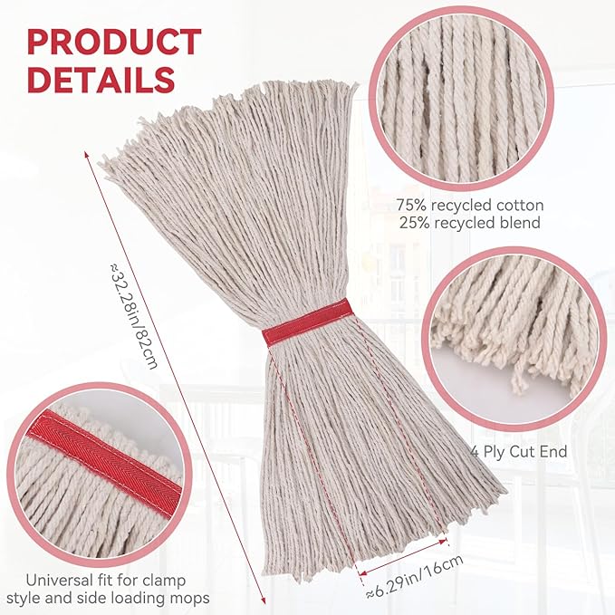 Commercial Heavy Duty Mop Heads Replacement for Rubbermaid: 3 Packs Industrial Wet Mop Head for Floor Cleaning - Cotton Looped-Open String Commercial Products Wet Refills