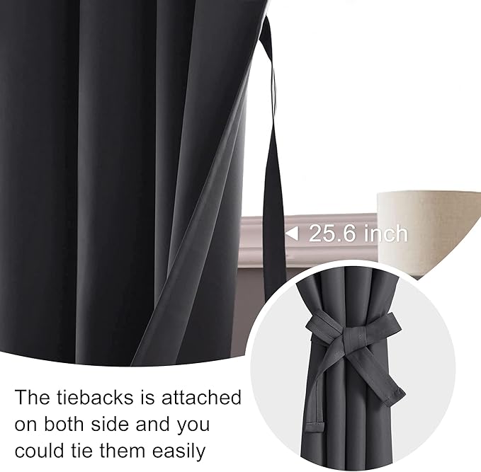 JIUZHEN Blackout Curtains for Bedroom - Thermal Insulated Room Darkening Noise Reducing, 52 x 45 Inch Length Curtains for Living Room, Set of 2 Panels with Tiebacks, Dark Grey