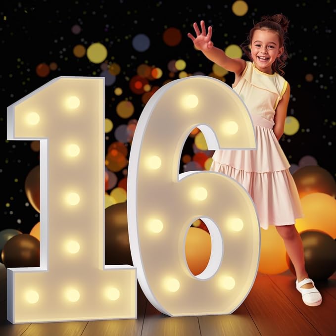 Marquee Numbers 3 Feet Tall Large Light Up Numbers 16th Sweet 16 Birthday Decorations Big Yellow Light Outdoor Anniversary Decorations Balloon Arch Kit Party Backdrop 16