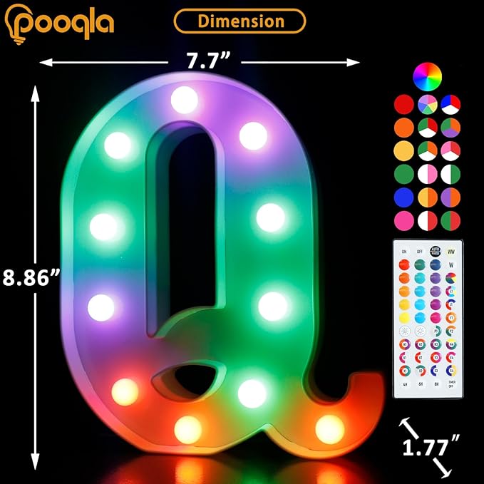 Pooqla Colorful Light Up Letters with Remote, Upgraded 35 Colors LED Marquee Letters, RGB Lighted Letter for Girls Teenager Gift, Birthday, Party, Wedding, Night Light, Room, Bedroom Decor, Letter Q