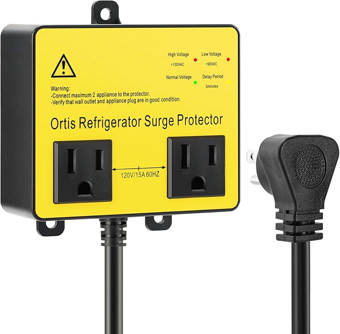 Refrigerator Surge Protector, Ortis Double Outlet Voltage Protector for Home Appliances with Time Delay, Protects Against Brownout, Spike, Instant Surge All Voltage Abnormalities, Yellow