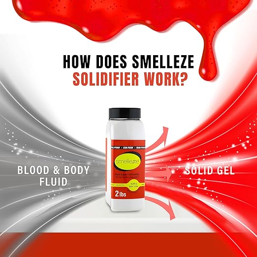SMELLEZE Blood & Body Fluid Waste Clean Up Super Absorbent, Solidifier & Deodorizer: 2 lb. Granules Absorb Blood, Urine, Diarrhea, Vomit, Body Fluids & Other Water Based Bio Waste in Seconds
