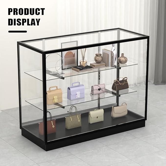 70”D * 20”W * 38”H - Freestanding Retail LED Full Vision Glass Display Case, Black Aluminum Frame, Two Adjustable Height Tempered Glass Shelves