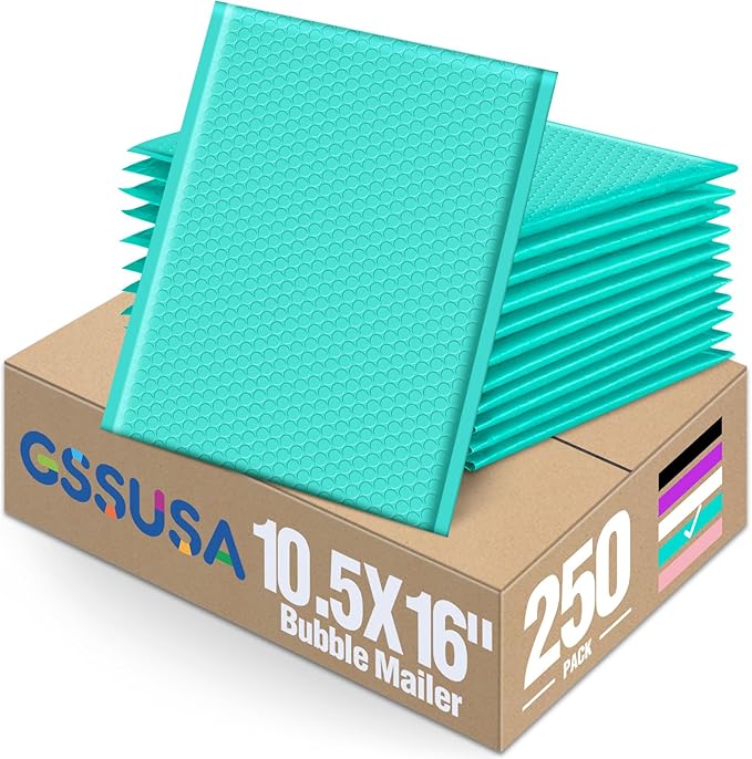 GSSUSA Large Bubble Mailers 10.5x16 Inch 250 Pack Teal Padded Envelopes, Strong Adhesion Bubble Mailer Self-Seal Bubble Envelopes for Mailing Clothes,Magazines