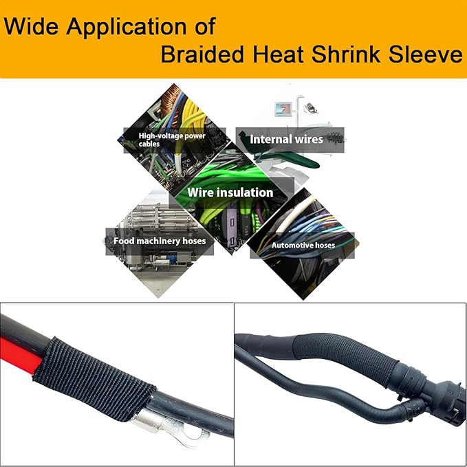 Heat Shrink Braided Sleeving 2:1 Shrinkable Fabric Cable Sheathing Wire Tubing Management Abrasion Protectors Flexibility 3/8" ID-16FT