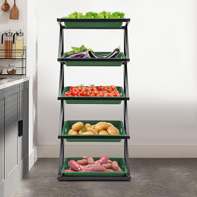 Fruit Vegetable Storage Basket,Kitchen Organizers 5 Tier Basket Stand Storage Baskets Market Shelf for Kitchen Store (Green)