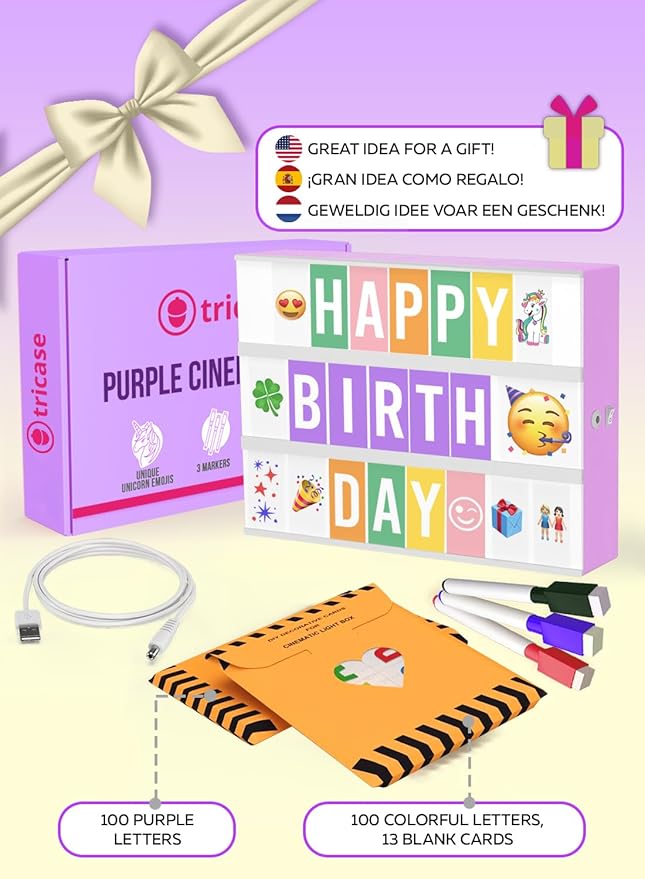 Purple Cinema Light Box with 312 Letters, Emojis & 3 Markers - Led Light Box Sign for Home & Purple Bedroom Decor for Girls - Light Up Letter Board - Best Gift Idea for Girls on Christmas