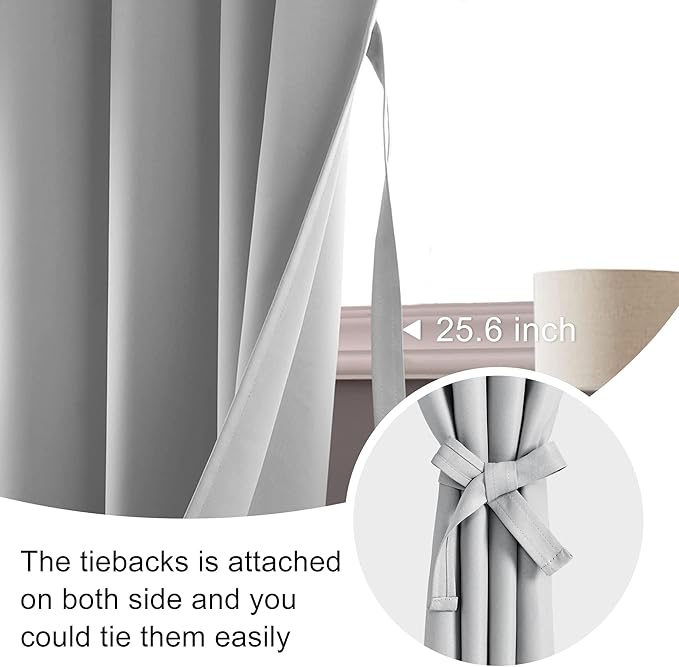 JIUZHEN Blackout Curtains for Bedroom– Thermal Insulated,Noise Reducing Room Darkening Privacy Rod Pocket Drapes for Living Room, Set of 2 Panels with Tiebacks, 42 x 54 inch Long, Silver Grey