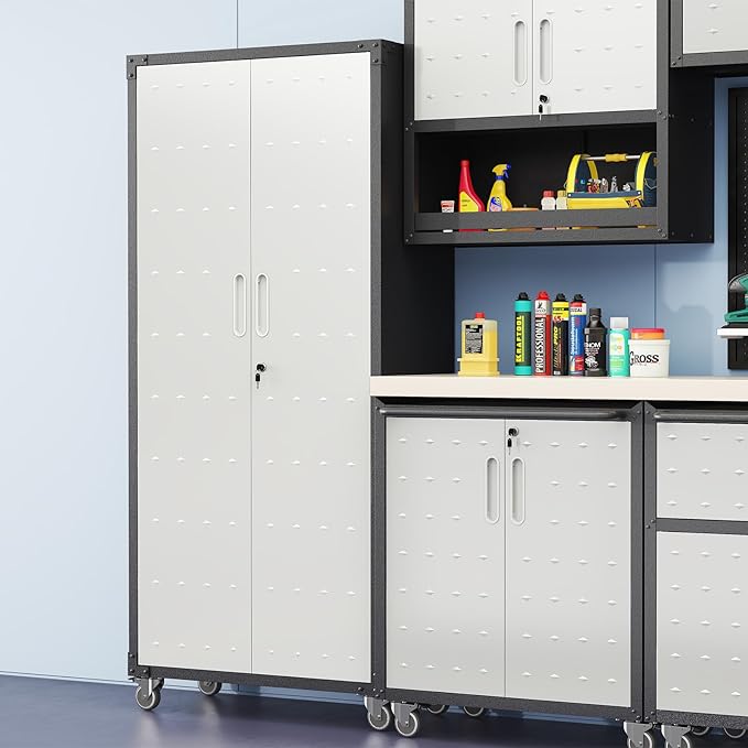 71"H Metal Storage Cabinet with Wheels, Tall Rolling Garage Cabinet with 3 Adjustable Shelves & Locking Doors & Pegboards, Heavy-Duty Tool Cabinet for Home Office, Workshop, Warehouse, Grey