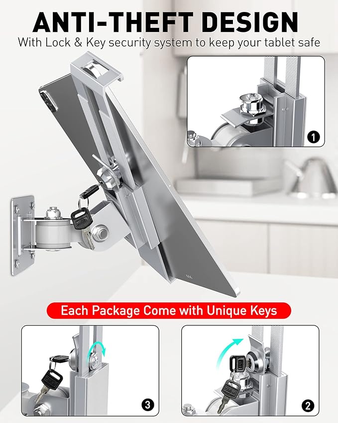 AboveTEK Tablet Wall Mount -360° Rotation iPad Wall Holder for Retail & Business, Anti Theft iPads Stand Fits 7"-11" Tablets Including iPad Pro/Air/Mini, Galaxy Tab - Security Lock & Key - (Silver)
