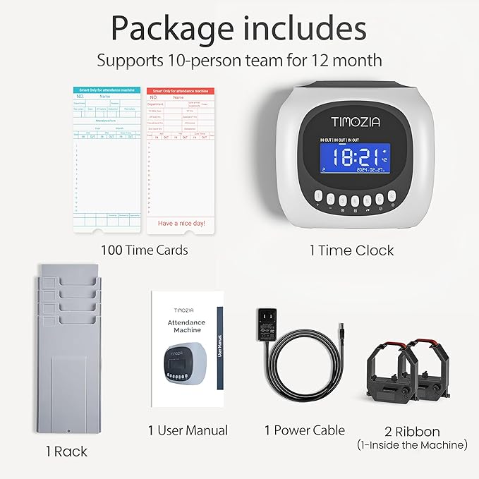 Time Clock with Passcode, Auto-Align Time Card Machine, 6 Punches per Day | Time Clock Punch Machine with 100 Time Cards, 2 Ink Ribbons(1 Inside) and 1 Rack
