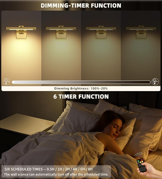 Joosenhouse Battery Operated Picture Light Set of 2, 12.6 Inch Brass Rechargeable Wall Art Light with Remote Timer and Dimmer Display Light for Bedroom, Living Room, Artwork Display
