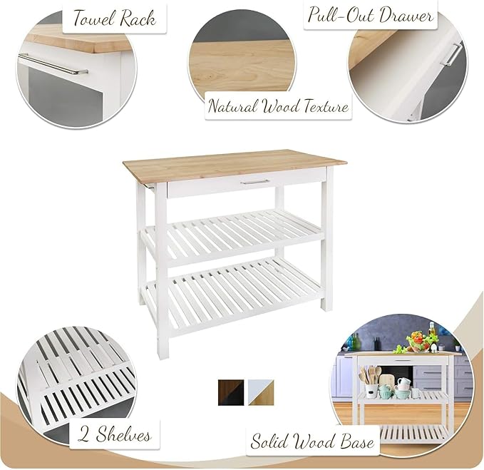 Island Oasis Solid Wood Kitchen Island with Drawer, Stainless Steel Towel Bar and Open Storage Multi-Purpose Prep Table for Home Kitchens Natural and White